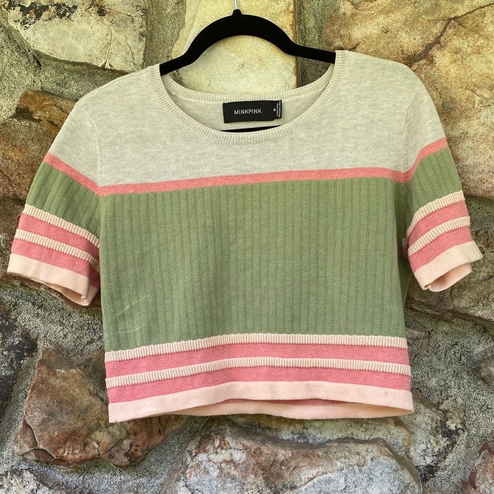 Minkpink knit pink and green cropped top.